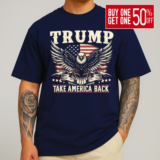 Mans Americana eagle design T-shirt in navy with vintage-style lettering