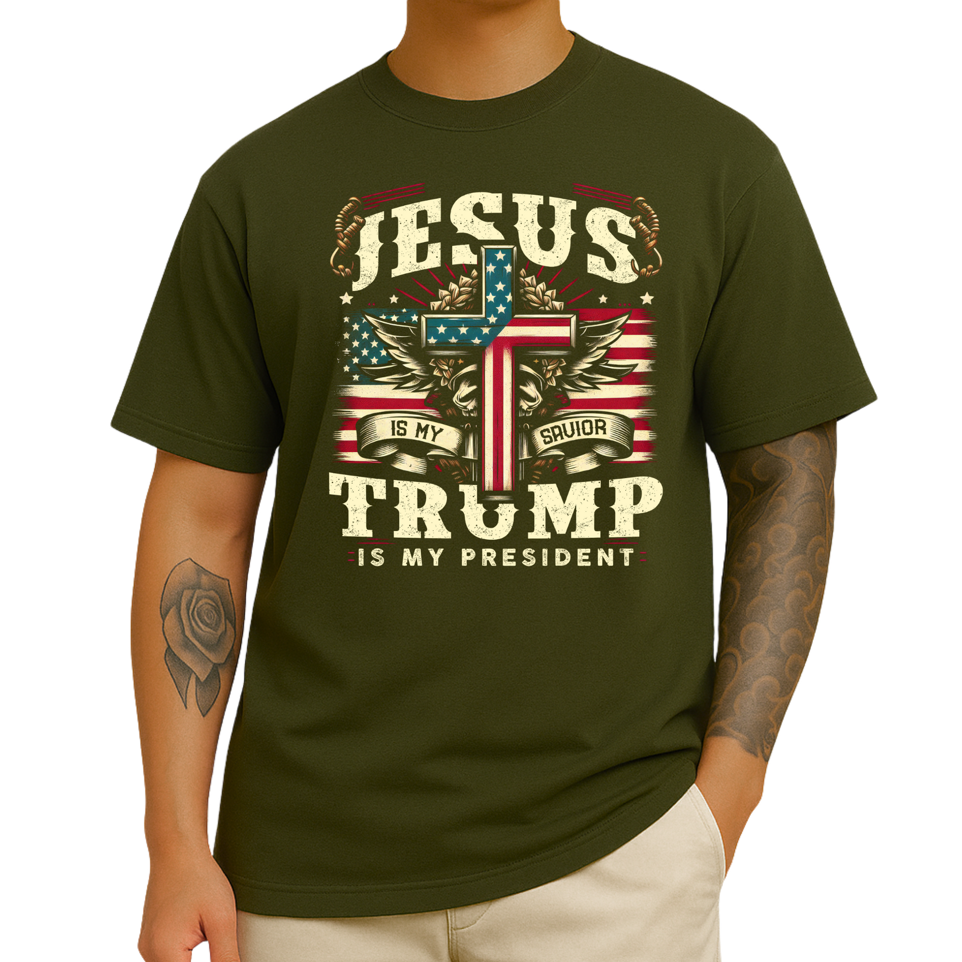Army green Christian conservative tee with bold USA cross and Trump quote