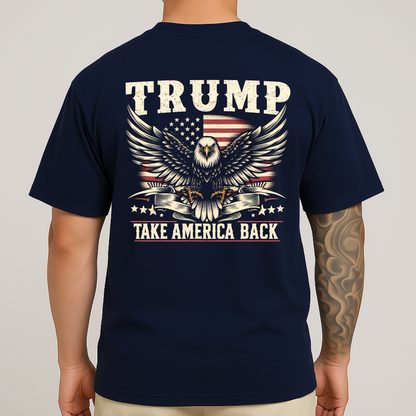 Back of navy blue Trump Take America Back shirt with distressed eagle and American flag print