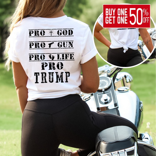 Back of white shirt reading Pro God Pro Gun Pro Life Pro Trump on motorcycle
