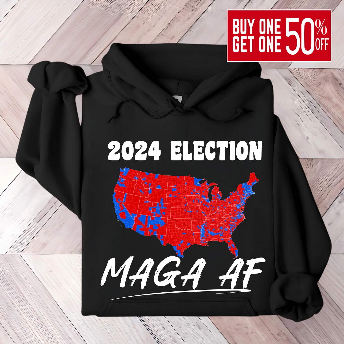 Black Folded patriotic hoodie featuring red and blue American map with bold text