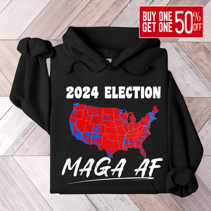 Black Folded patriotic hoodie featuring red and blue American map with bold text