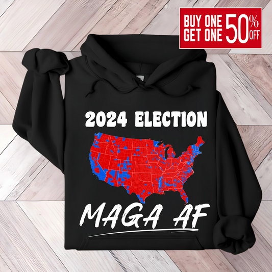 Black Folded patriotic hoodie featuring red and blue American map with bold text