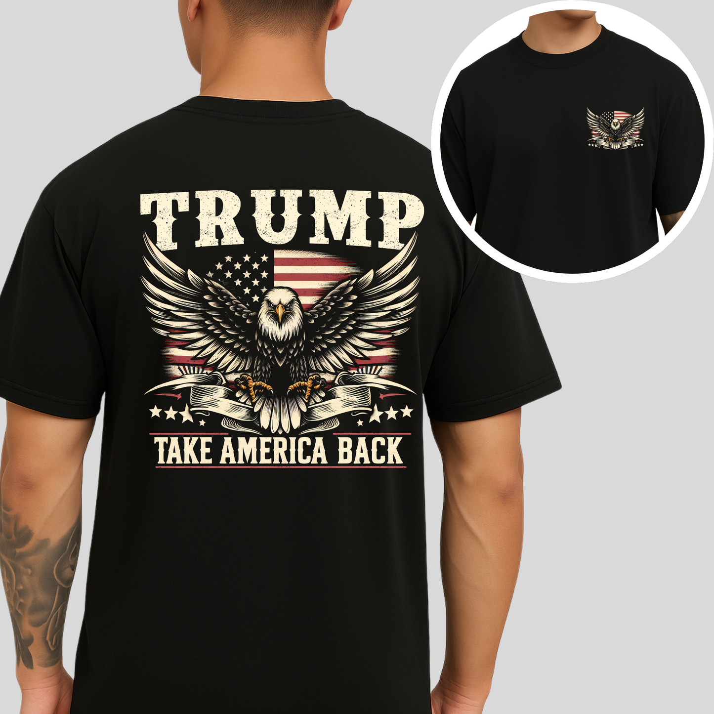 Black Trump shirt showing full back eagle graphic and front pocket logo print
