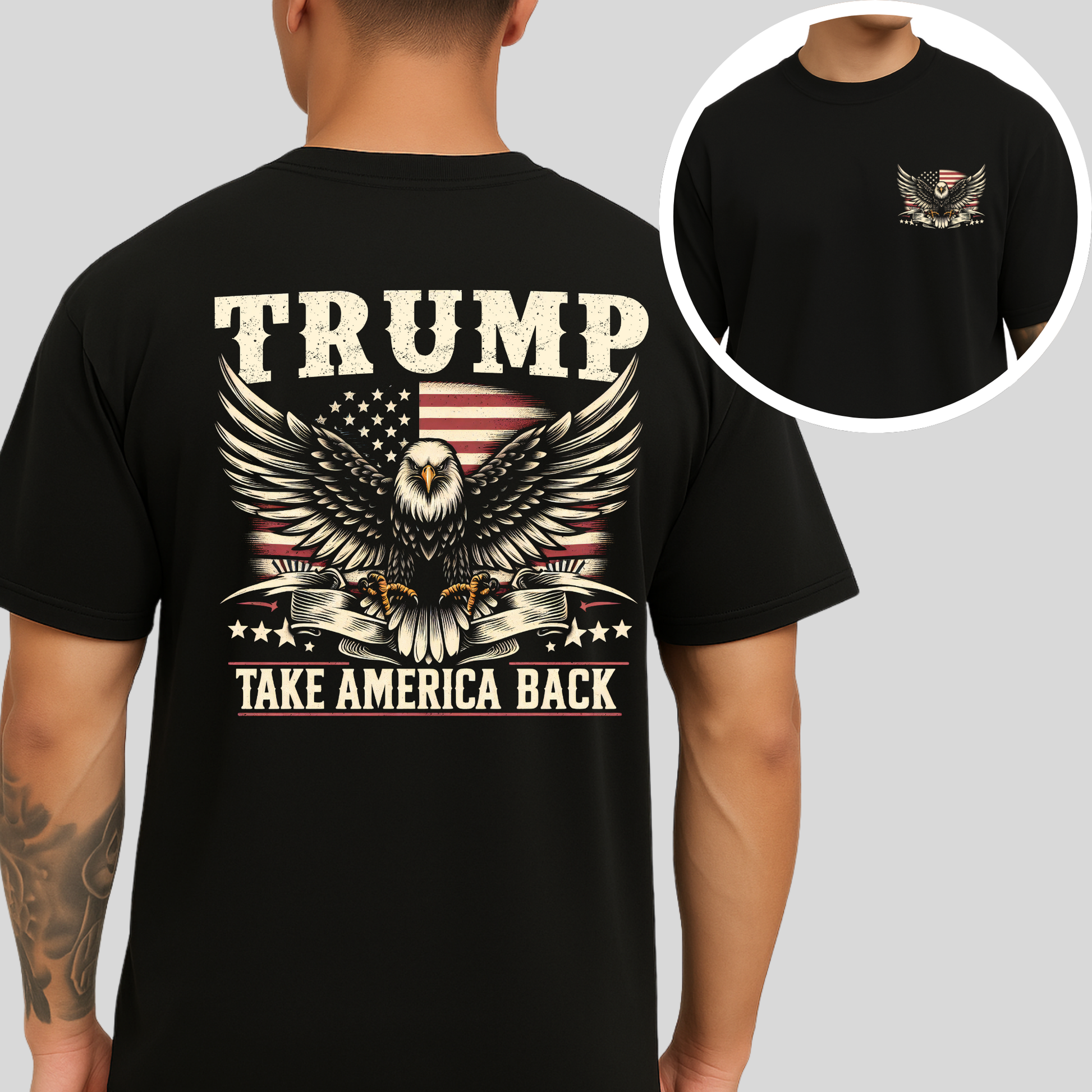 Black Trump shirt showing full back eagle graphic and front pocket logo print
