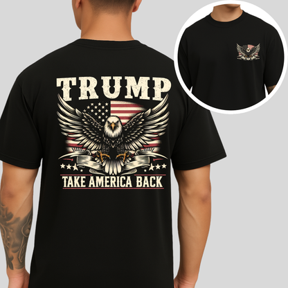 Black Trump shirt showing full back eagle graphic and front pocket logo print
