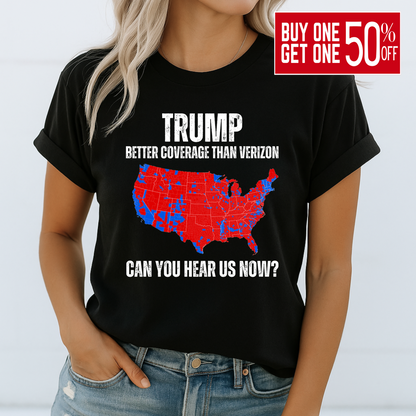 Woman wearing a black patriotic T-shirt with red and blue USA map graphic and bold text design.