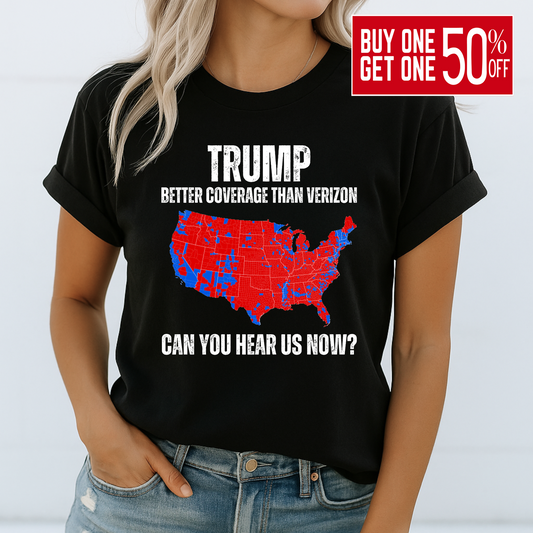 Woman wearing a black patriotic T-shirt with red and blue USA map graphic and bold text design.