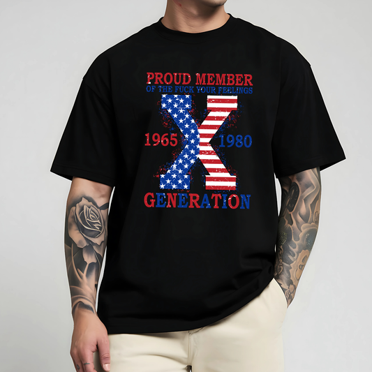 Black shirt with USA flag X and Gen X pride message

