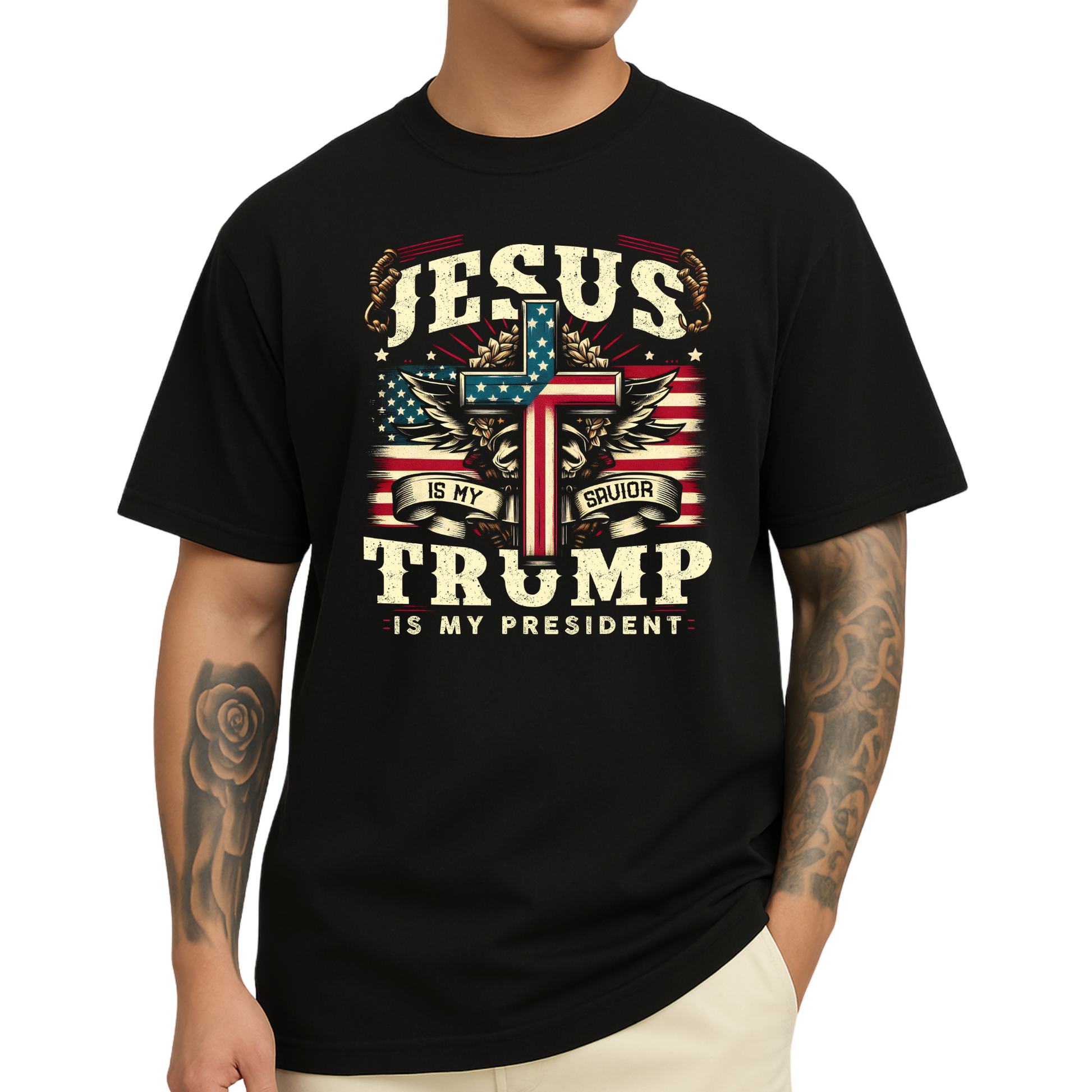 Black t-shirt with Jesus and Trump graphic – Christian patriot apparel