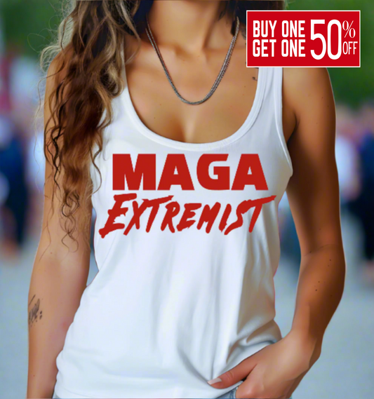 Person wearing a white tank top with 'MAGA Extremist' text, blurred background