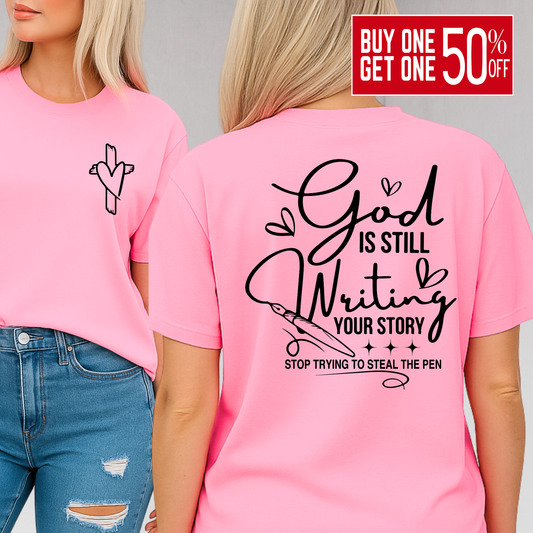 Bright pink inspirational shirt with black writing, styled casually