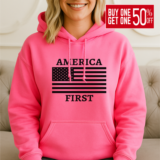 Bright pink women’s hoodie – bold America First message