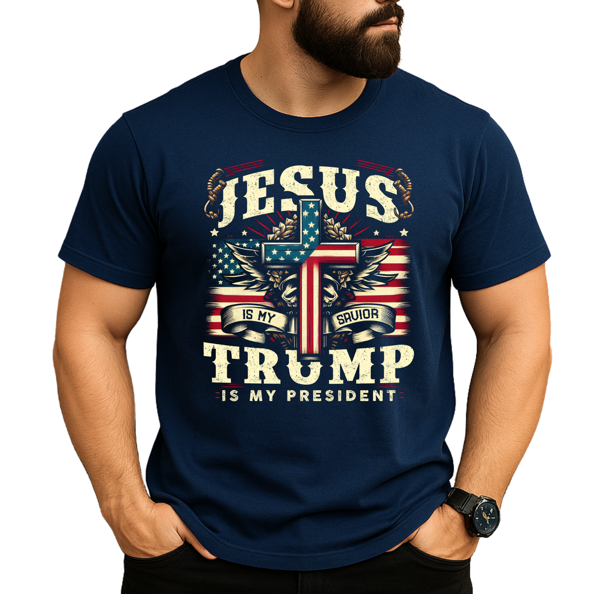 Conservative patriotic shirt with Jesus and Trump design on man with tattoo arm – navy blue tee
