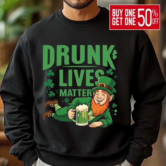 Black – Men’s black sweatshirt with Drunk Lives Matter leprechaun graphic for St. Patrick’s Day