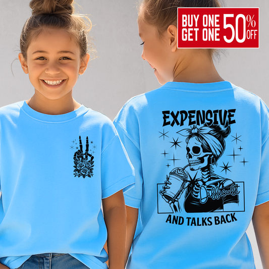 Girls in sky blue tee with "Expensive and Talks Back" skeleton design