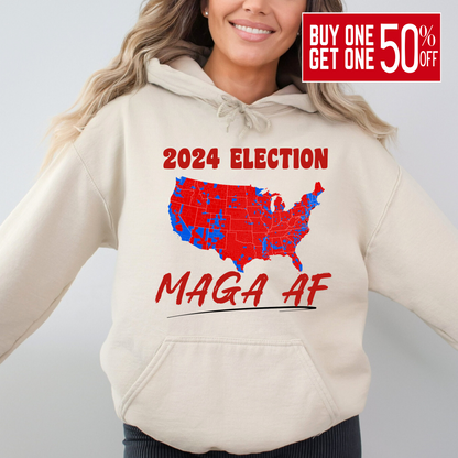 Front view of sand colored hoodie with bold USA map graphic in red and blue design