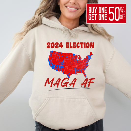 Front view of sand colored hoodie with bold USA map graphic in red and blue design