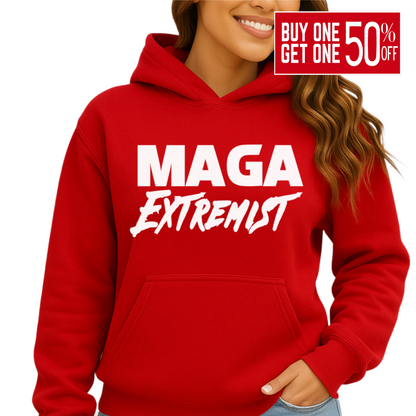 Front view of woman in red hoodie with MAGA Extremist design