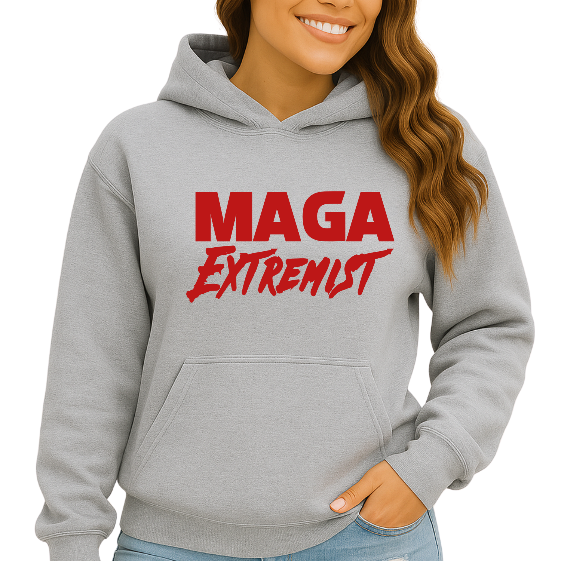Gray hoodie with red MAGA Extremist print worn casually