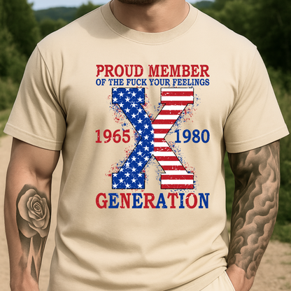 Patriotic Generation X shirt with American flag X design, White tee for men.
