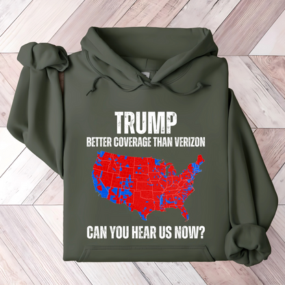 Green patriotic hoodie with red and blue USA map graphic and bold text design.
