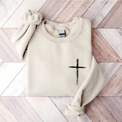Religious sweatshirt for women with minimalist cross front and faith text on the back
