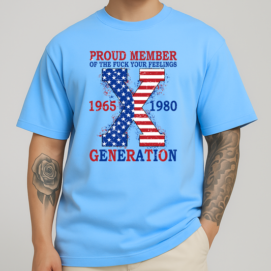 Light blue shirt with patriotic Generation X design – bold red, white, and blue print

