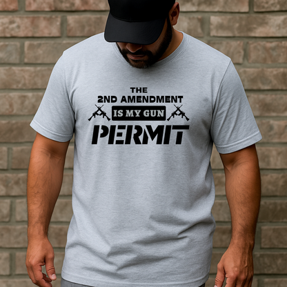Man in sport gray t-shirt featuring black “2nd Amendment Is My Gun Permit” design with crossed rifles