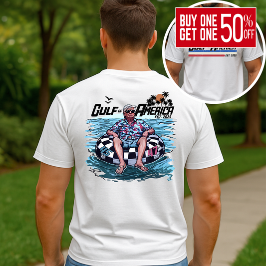 Man in white  Patriotic shirt showing full back illustration and small front print

