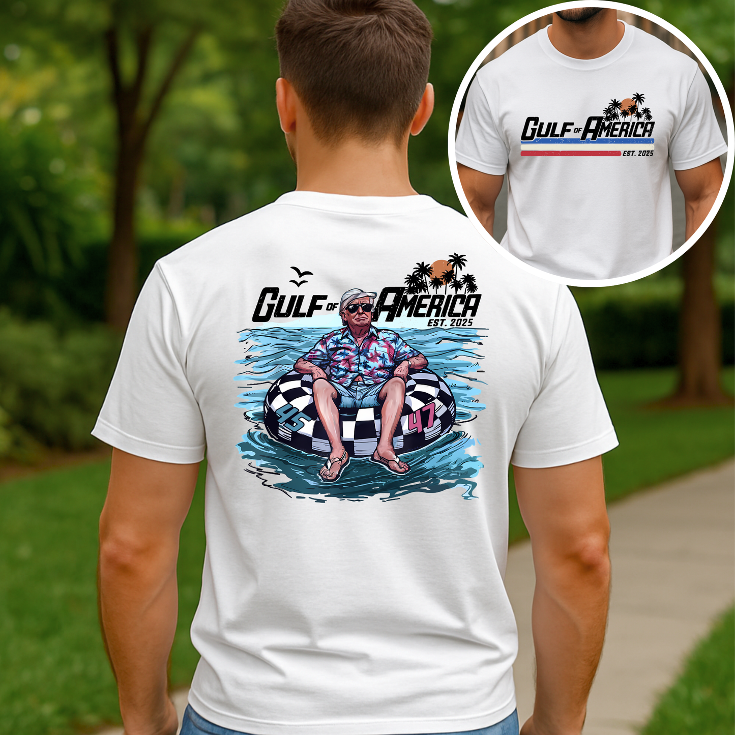 Man in white Trump 47 shirt showing full back illustration and small front print

