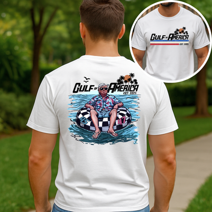 Man in white Trump 47 shirt showing full back illustration and small front print

