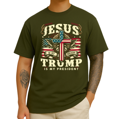 Man wearing Green T-shirt with patriotic cross and eagle graphic, vintage stars and stripes design.