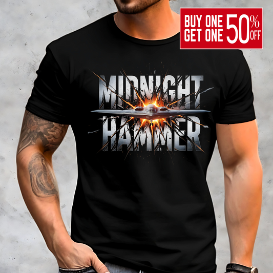 Man wearing Midnight Hammer stealth bomber T-shirt with explosion design – front view