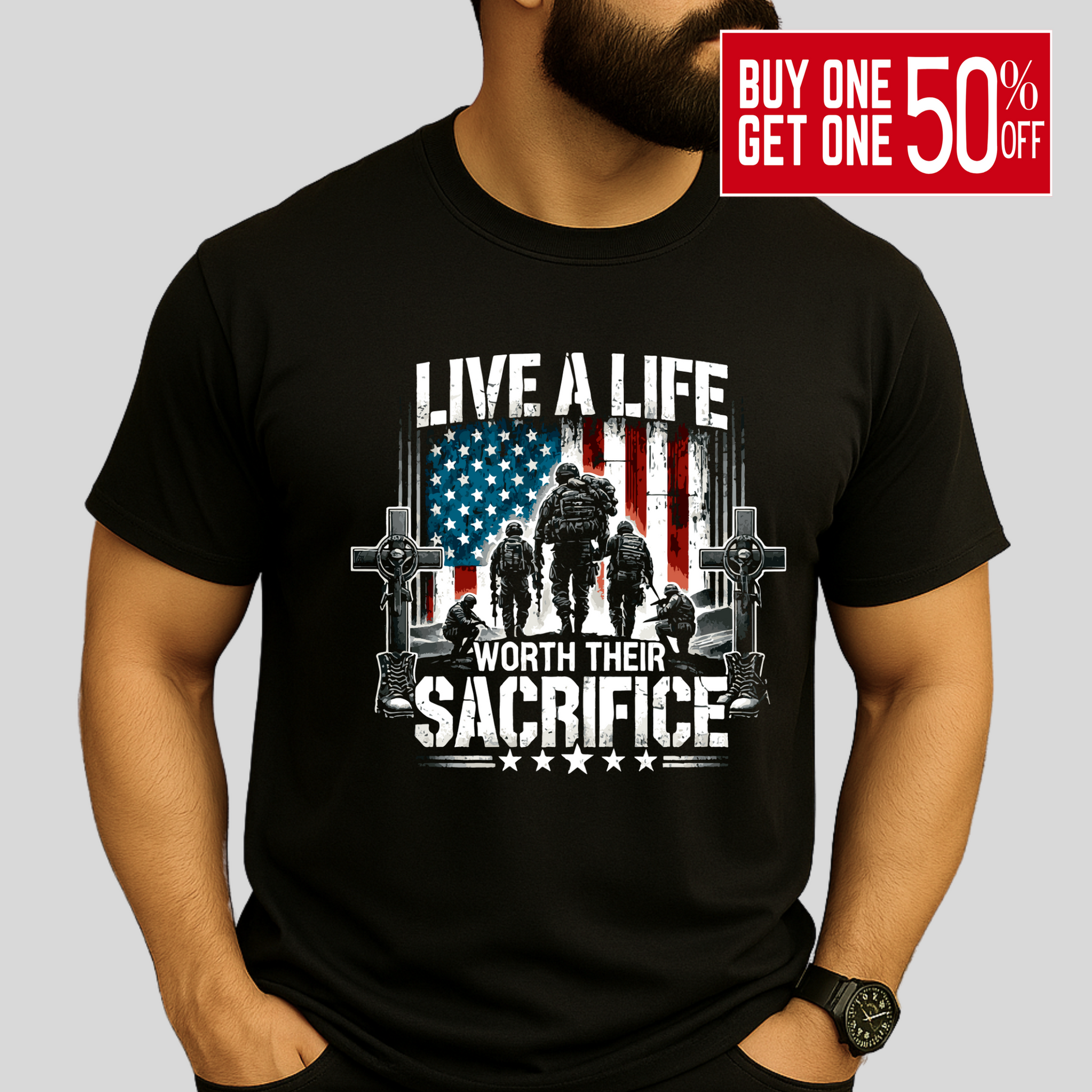 Man wearing black Live a Life Worth Their Sacrifice t-shirt with patriotic soldier and flag graphic