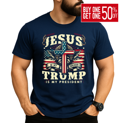 Man wearing navy T-shirt with patriotic cross and eagle graphic, vintage stars and stripes design.