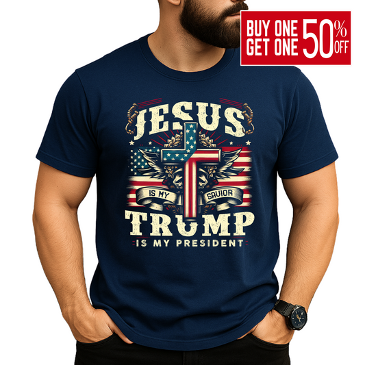 Man wearing navy T-shirt with patriotic cross and eagle graphic, vintage stars and stripes design.