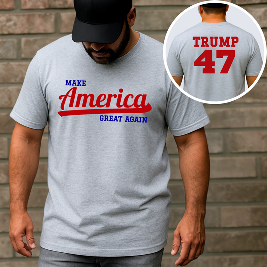 Man wearing sport gray MAGA shirt with Trump 47 inset – front and back view

