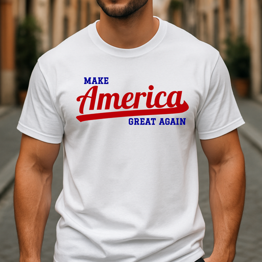 Man wearing white Make America Great Again tee – front view in city