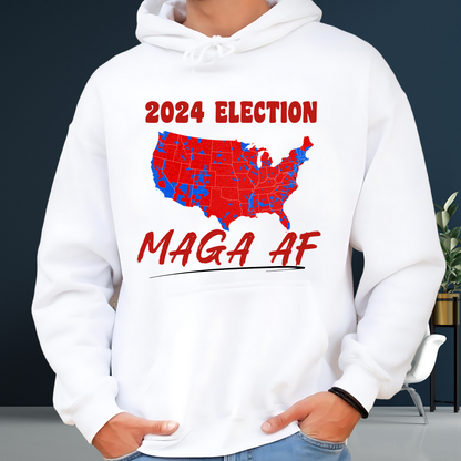 Man wearing white hoodie with 2024 election map graphic in red and blue, bold text design.
