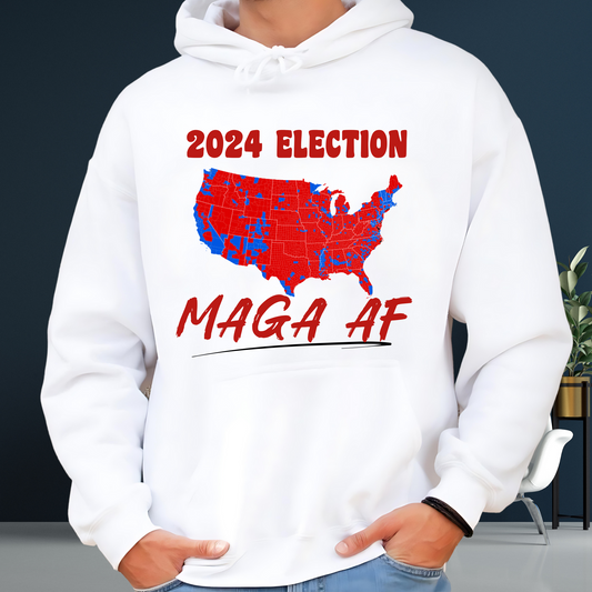 Man wearing white hoodie with 2024 election map graphic in red and blue, bold text design.