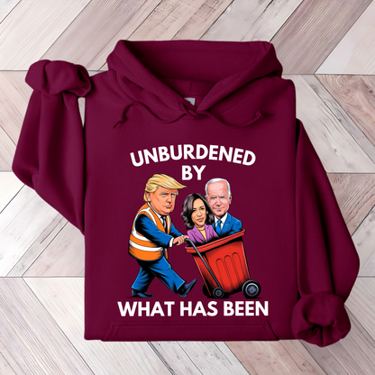 Maroom hoodie with cartoon-style parody graphic and bold text.