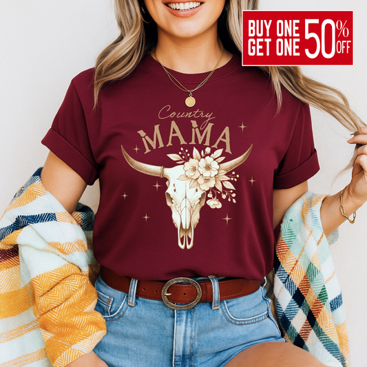 Woman smiling in burgundy "Country Mama" shirt with flannel – styled for fall


