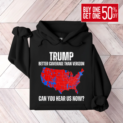 Black patriotic hoodie with red and blue USA map graphic and bold text design.