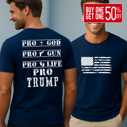 Navy blue T-shirt with white distressed American flag front and pro-values back design


