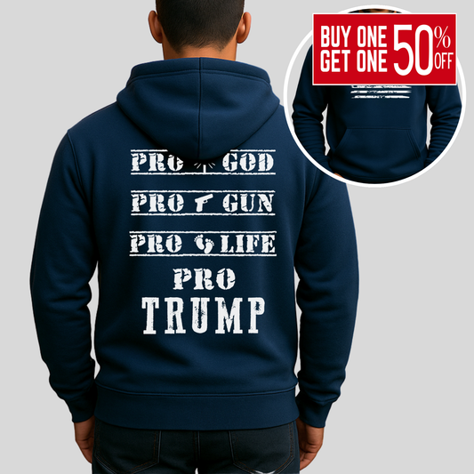 Navy hoodie with distressed American flag front and pro-values back design