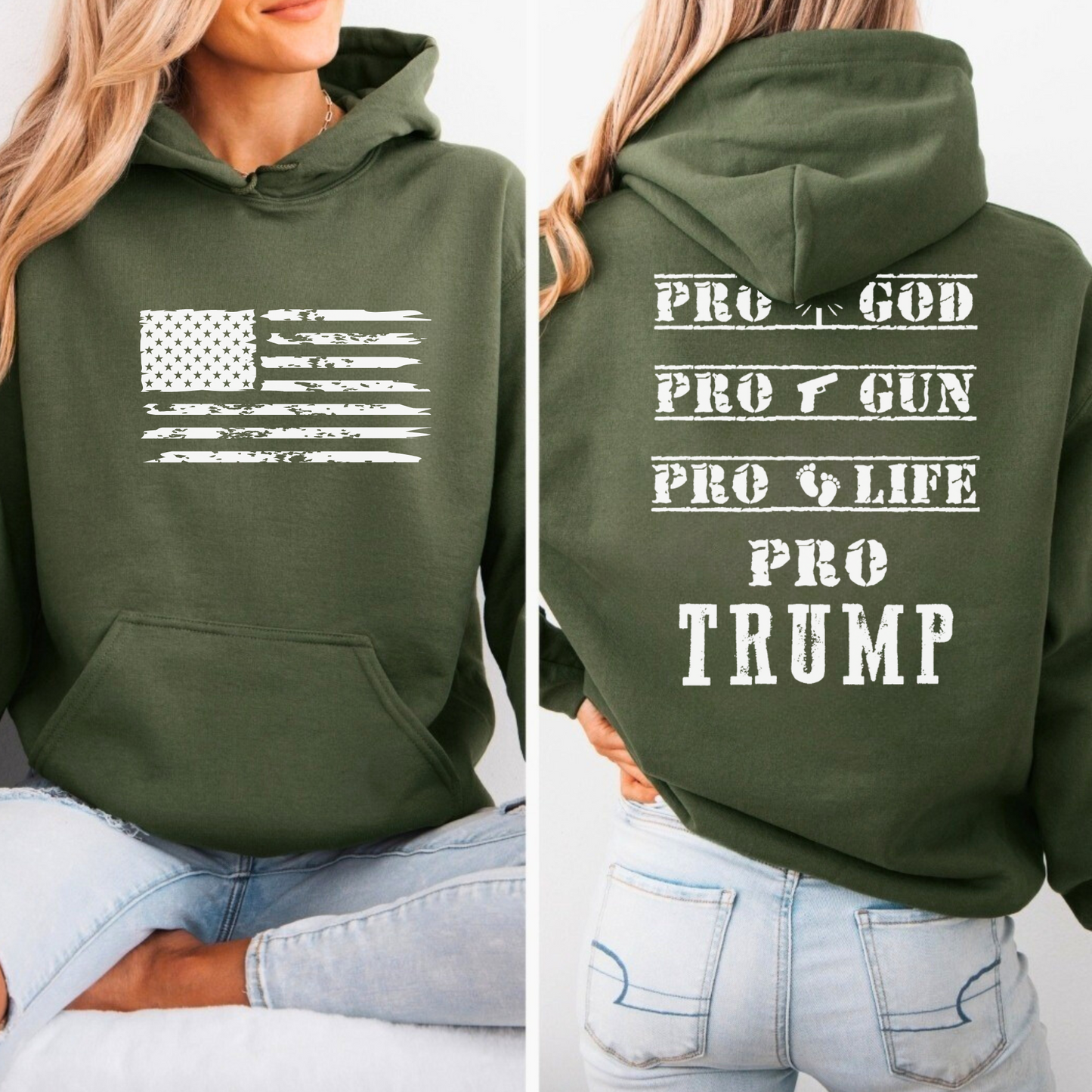 Person wearing Green hoodie with distressed USA flag front and bold statement back print design.