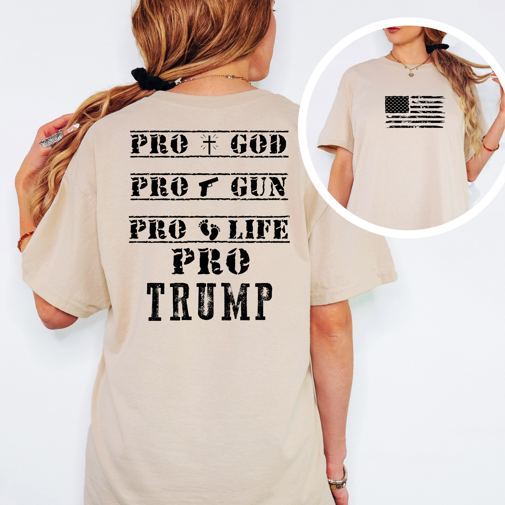 Person wearing Sand T-shirt with distressed USA flag on front and bold statement text on back.
