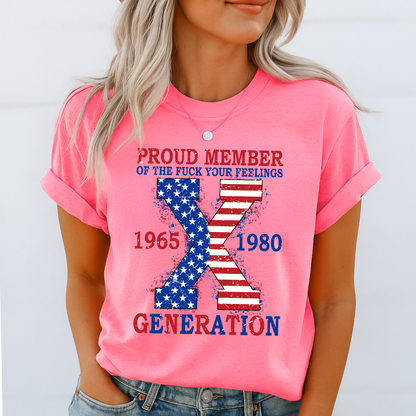 Person wearing a pink t-shirt with a graphic design and text.