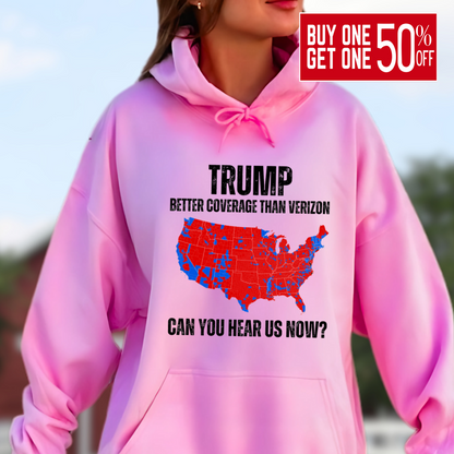 Pink patriotic hoodie with red and blue USA map graphic and bold text design.